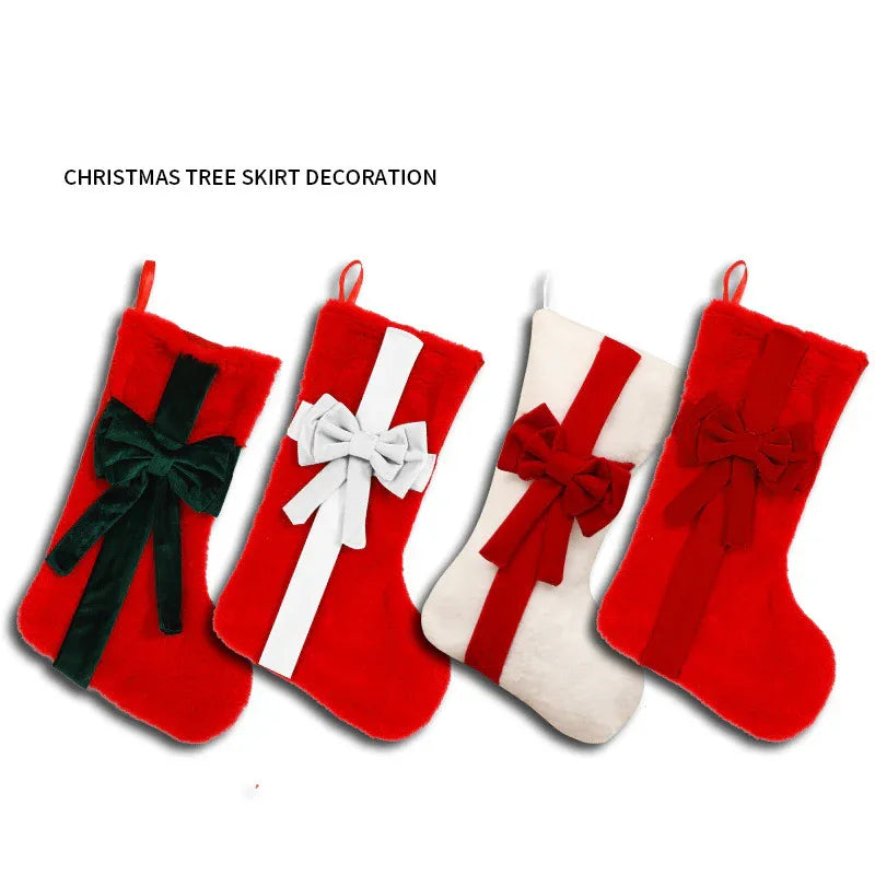 2 Pcs Red Stitching White Bow Luxurious Velvet Christmas Stocking with Elegant Bow - Large 45cm Holiday Mantel Decoration - Mekamart Australia