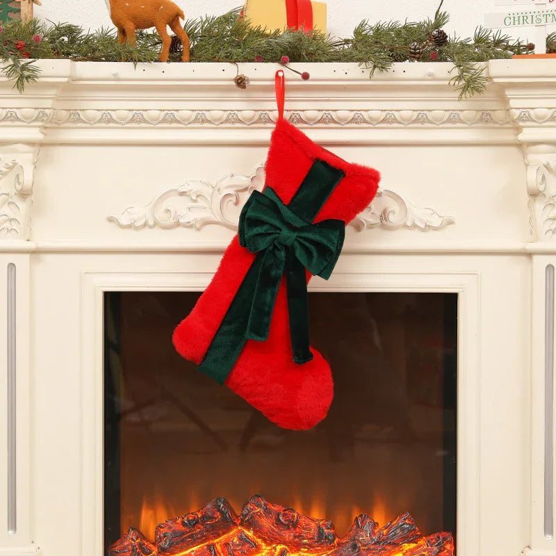 2 Pcs Red Stitching Green Bow Luxurious Velvet Christmas Stocking with Elegant Bow - Large 45cm Holiday Mantel Decoration - Mekamart Australia
