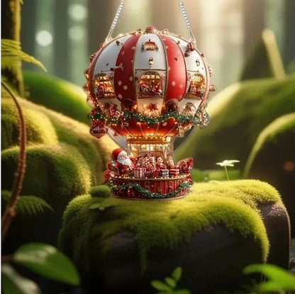 Red Whimsical Santa's Hot Air Balloon Ornament - 2D Flat Acrylic Hanging Decoration for Wall & Tree - Mekamart Australia