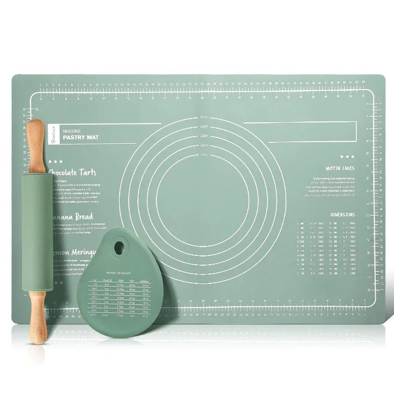 Green 3-Piece Silicone Baking Set - Non-Stick Pastry Mat with Measurements, Rolling Pin & Dough Scraper - Mekamart Australia
