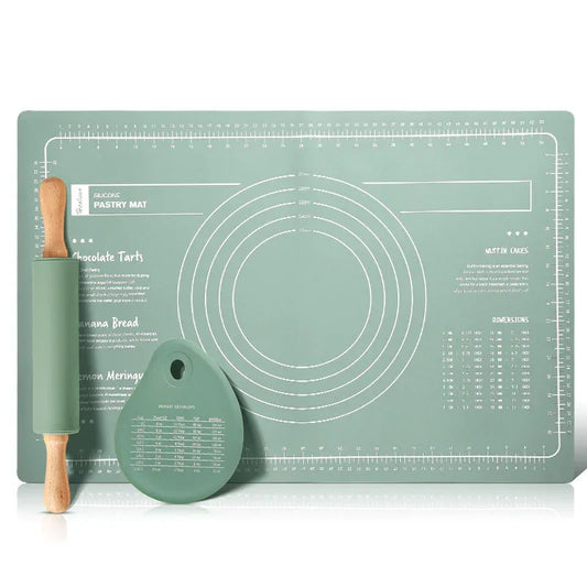 Green 3-Piece Silicone Baking Set - Non-Stick Pastry Mat with Measurements, Rolling Pin & Dough Scraper - Mekamart Australia