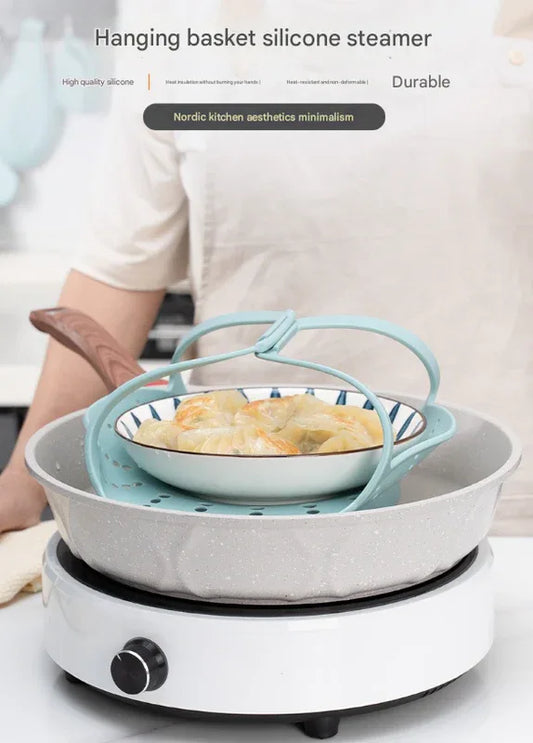 Small Blue Flexible Silicone Steamer Basket with Heat-Resistant Handles - Food-Grade Vegetable Steamer Insert for Pots & Pans - Mekamart Australia