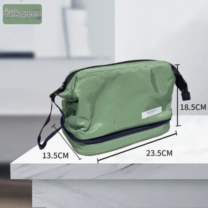 Dark Green Chic Dual-Compartment Makeup & Toiletry Bag - Large Capacity Travel Organizer with Brush Holder - Mekamart Australia