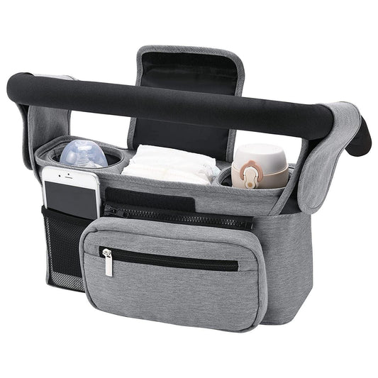 Grey Universal Stroller Organiser Caddy with Insulated Cup Holders and Detachable Wristlet - Mekamart Australia