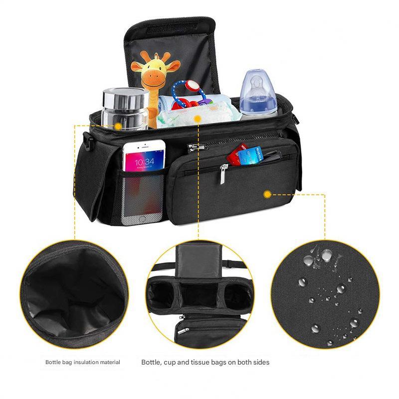 Grey Universal Stroller Organiser Caddy with Insulated Cup Holders and Detachable Wristlet - Mekamart Australia
