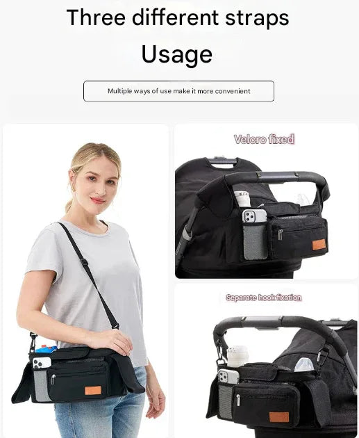 Grey Universal Stroller Organiser Caddy with Insulated Cup Holders and Detachable Wristlet - Mekamart Australia