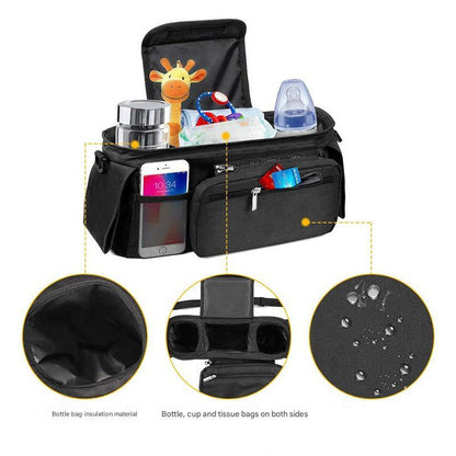 Black and Gray Stitching Universal Stroller Organiser Caddy with Insulated Cup Holders and Detachable Wristlet - Mekamart Australia