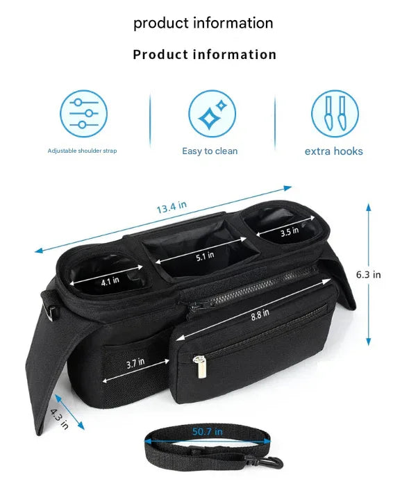 Grey and Black Stitching Universal Stroller Organiser Caddy with Insulated Cup Holders and Detachable Wristlet - Mekamart Australia