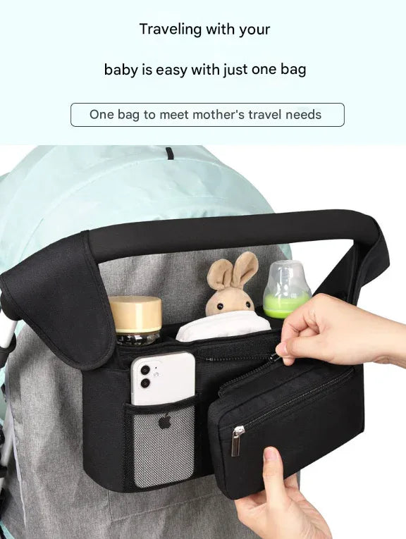 Grey and Black Stitching Universal Stroller Organiser Caddy with Insulated Cup Holders and Detachable Wristlet - Mekamart Australia