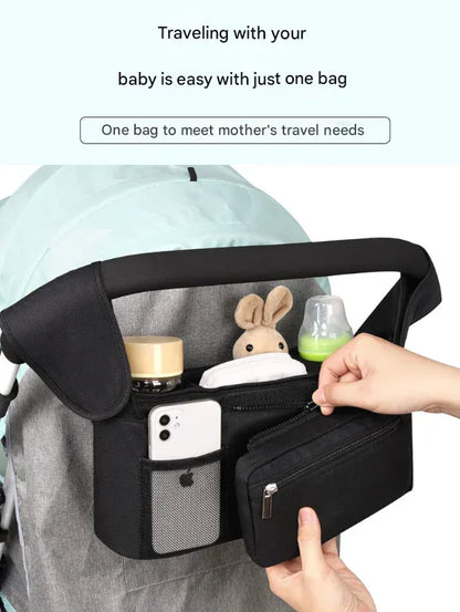 Grey and Black Stitching Universal Stroller Organiser Caddy with Insulated Cup Holders and Detachable Wristlet - Mekamart Australia