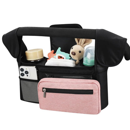 Black and Pink Stitching Universal Stroller Organiser Caddy with Insulated Cup Holders and Detachable Wristlet - Mekamart Australia