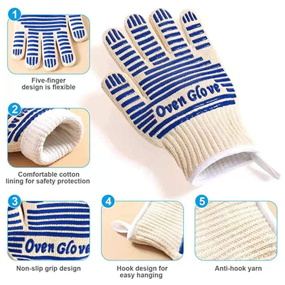Blue and White Extreme Heat Resistant BBQ Gloves - Cut-Resistant Oven Mitts with Non-Slip Silicone Grip - Mekamart Australia