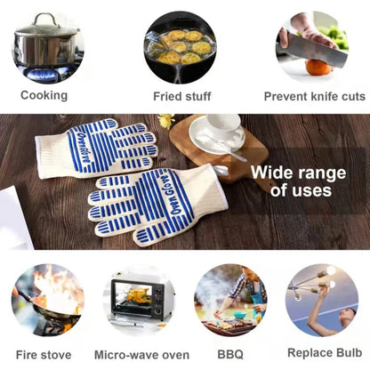 Blue and White Extreme Heat Resistant BBQ Gloves - Cut-Resistant Oven Mitts with Non-Slip Silicone Grip - Mekamart Australia