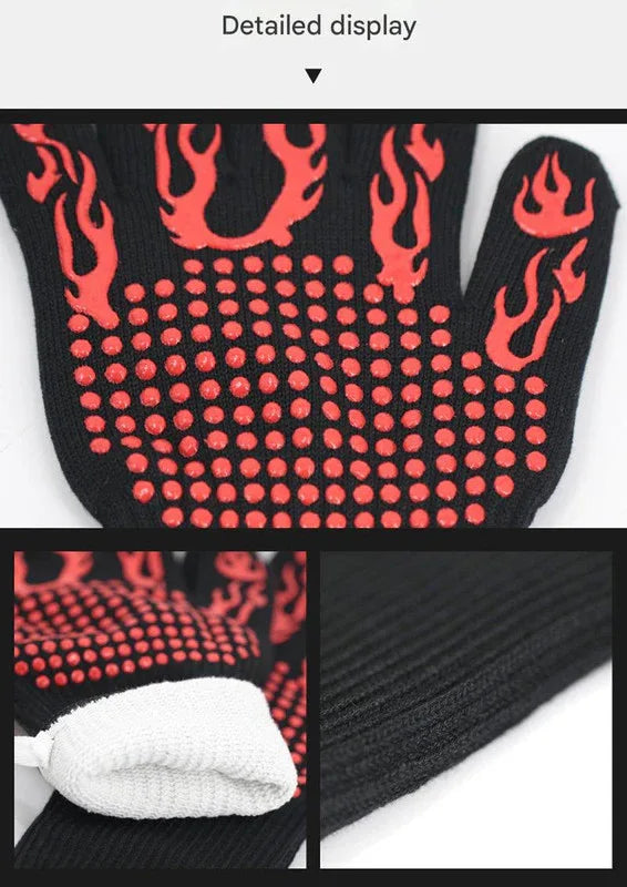 Red Flame Pattern Extreme Heat Resistant BBQ Gloves - 500°C Flame Design Oven Gloves with Non-Slip Silicone Grip - Mekamart Australia