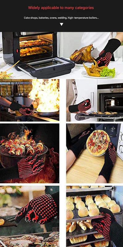 Red Flame Pattern Extreme Heat Resistant BBQ Gloves - 500°C Flame Design Oven Gloves with Non-Slip Silicone Grip - Mekamart Australia