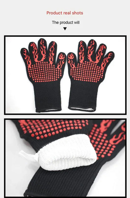 Red Flame Pattern Extreme Heat Resistant BBQ Gloves - 500°C Flame Design Oven Gloves with Non-Slip Silicone Grip - Mekamart Australia