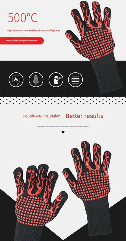 Blue Flame Pattern Extreme Heat Resistant BBQ Gloves - 500°C Flame Design Oven Gloves with Non-Slip Silicone Grip - Mekamart Australia