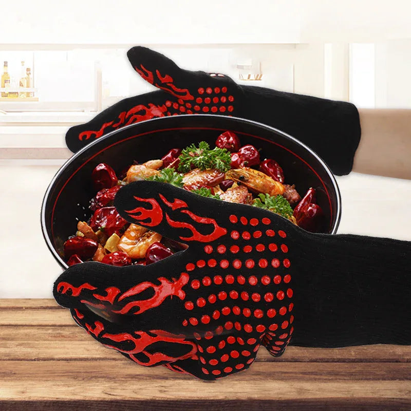 Blue Flame Pattern Extreme Heat Resistant BBQ Gloves - 500°C Flame Design Oven Gloves with Non-Slip Silicone Grip - Mekamart Australia