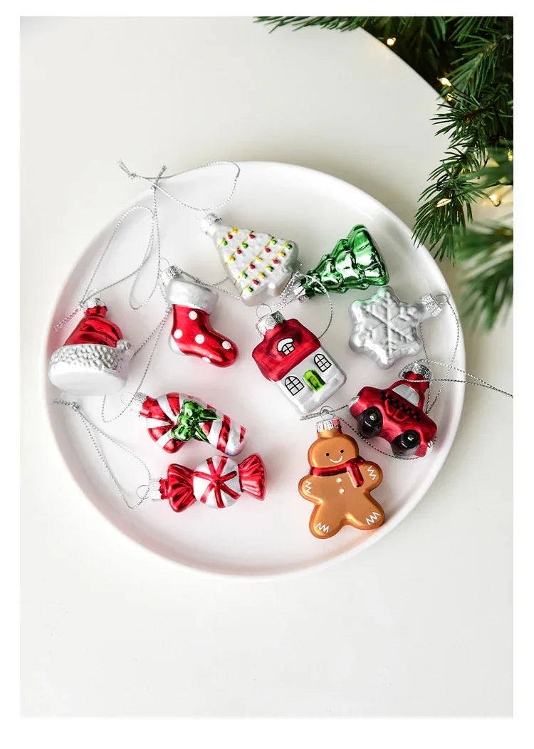 Style A Colorful Charming Miniature Glass Christmas Ornament Set - 9pc Classic Holiday Figures - Mekamart Australia