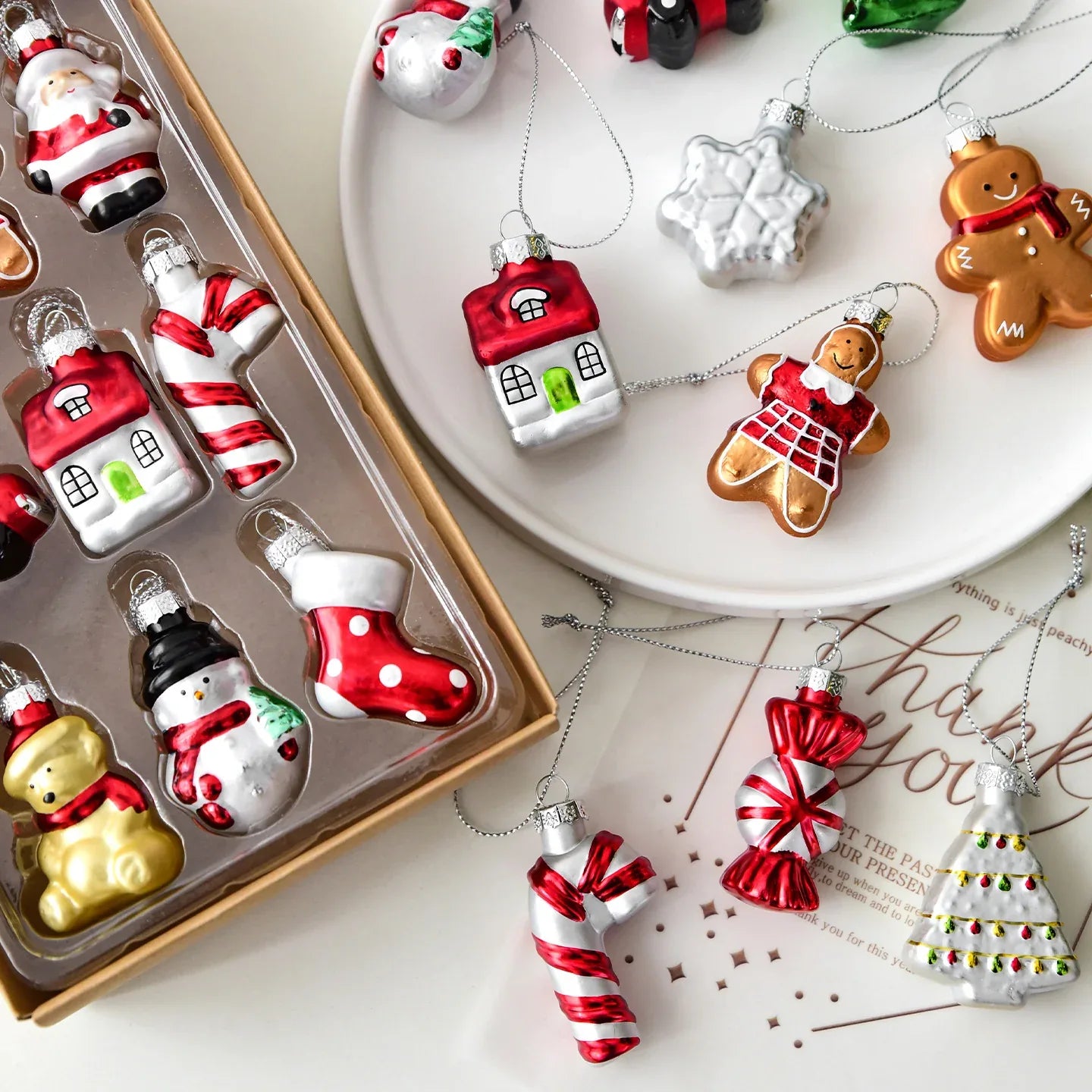 Style C Colorful Dainty Miniature Glass Christmas Ornament Set - 6pc Micro Holiday Characters - Mekamart Australia