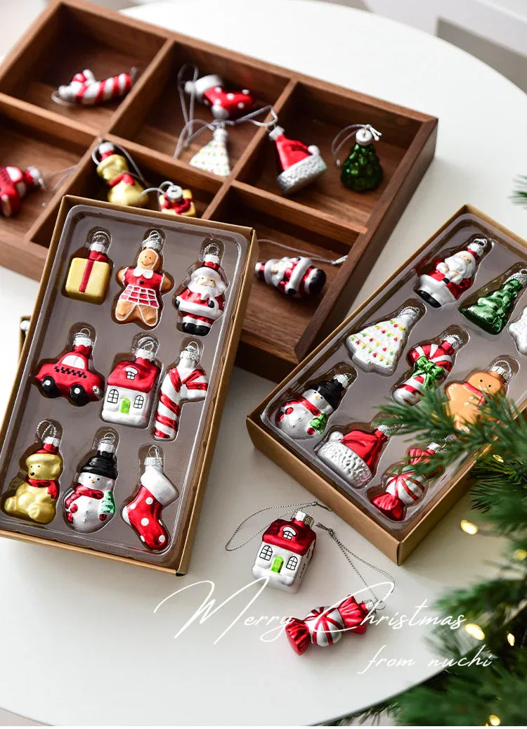 Style C Colorful Dainty Miniature Glass Christmas Ornament Set - 6pc Micro Holiday Characters - Mekamart Australia