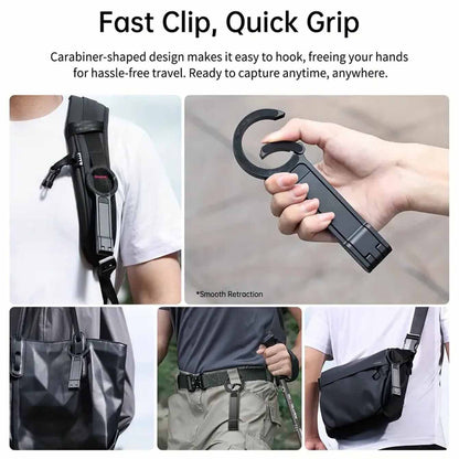 Black Magnetic Phone Stand with Foldable Tripod & Carabiner Hook – Multi-Functional, Portable Smartphone Holder for Outdoor Use