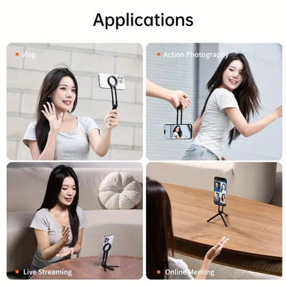 Black Magnetic Phone Stand with Foldable Tripod & Carabiner Hook – Multi-Functional, Portable Smartphone Holder for Outdoor Use