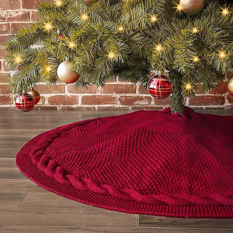 Festive Knit Christmas Tree Skirt - Acrylic Red Tree Mat with Pom-Poms 122cm - Mekamart Australia