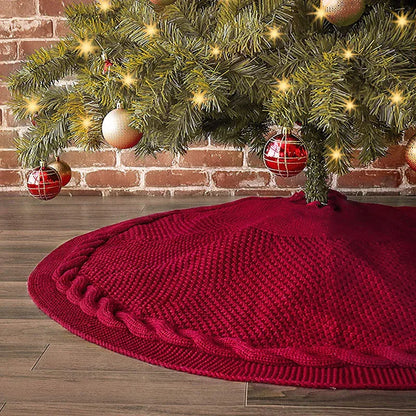 Festive Knit Christmas Tree Skirt - Acrylic Red Tree Mat with Pom-Poms 122cm - Mekamart Australia
