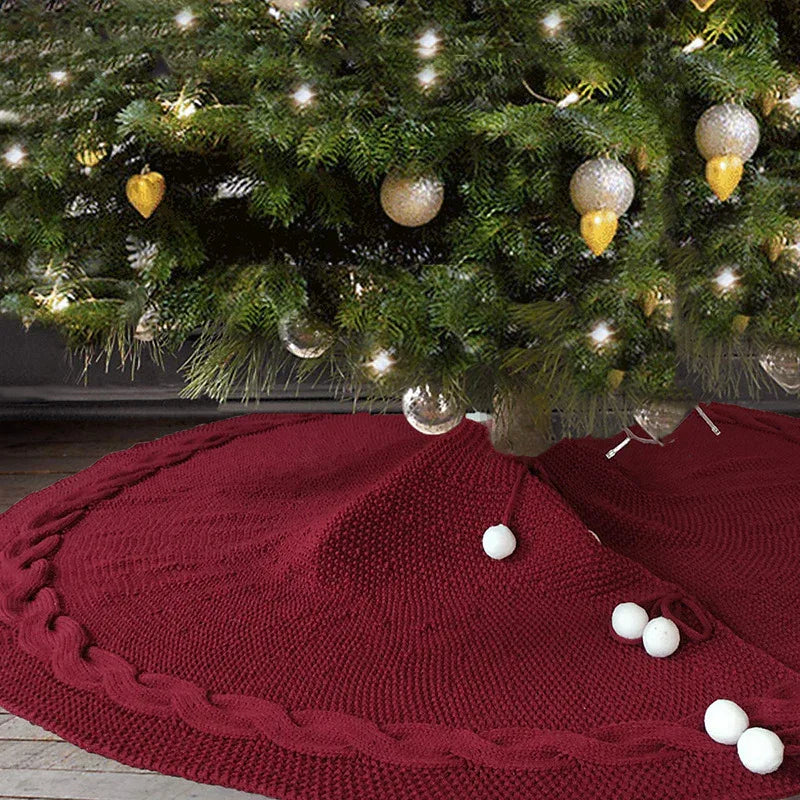 Festive Knit Christmas Tree Skirt - Acrylic Red Tree Mat with Pom-Poms 122cm - Mekamart Australia