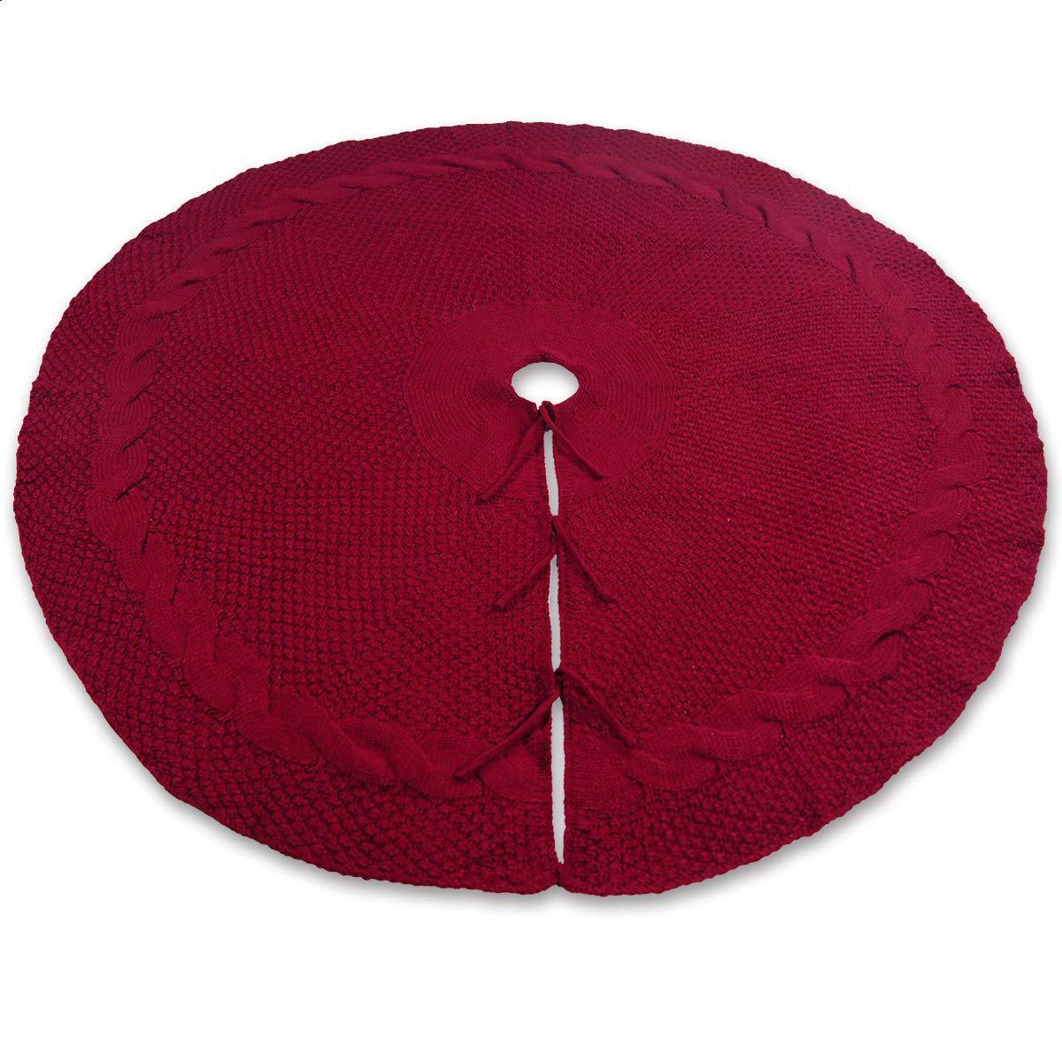 Festive Knit Christmas Tree Skirt - Acrylic Red Tree Mat with Pom-Poms 122cm - Mekamart Australia