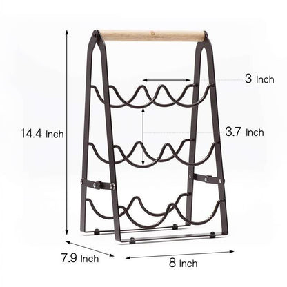 Rustic 6-Bottle Foldable Wine Rack - Metal Countertop Holder with Wooden Handle - Mekamart Australia