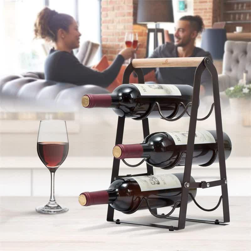 Rustic 6-Bottle Foldable Wine Rack - Metal Countertop Holder with Wooden Handle - Mekamart Australia
