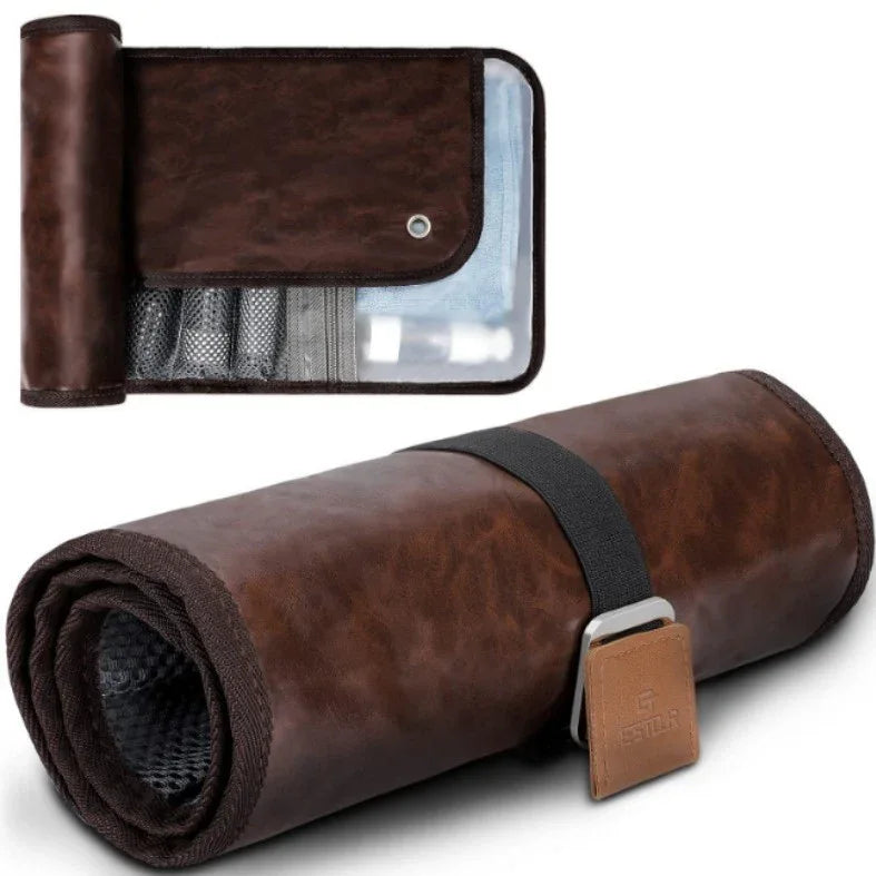 Brown Men's PU Leather Toiletry Bag - Waterproof Travel Organizer for Shaving Kits & Bathroom Accessories (50.8x25.4 cm unfolded, 25.4 cm rolled) - Mekamart Australia