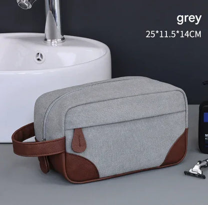 Grey Men's Vintage Canvas Toiletry Bag PU Leather Accent Travel Wash Pouch Large Capacity Shaving Kit Organiser - Mekamart Australia