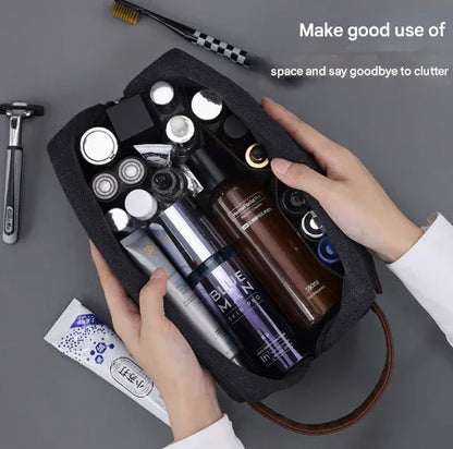 Grey Men's Vintage Canvas Toiletry Bag PU Leather Accent Travel Wash Pouch Large Capacity Shaving Kit Organiser - Mekamart Australia