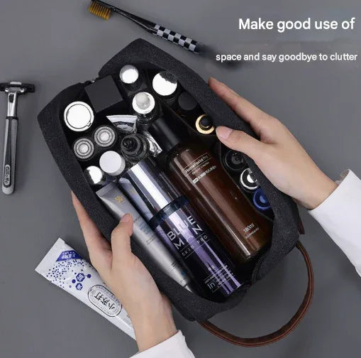 Black Men's Vintage Canvas Toiletry Bag PU Leather Accent Travel Wash Pouch Large Capacity Shaving Kit Organiser - Mekamart Australia