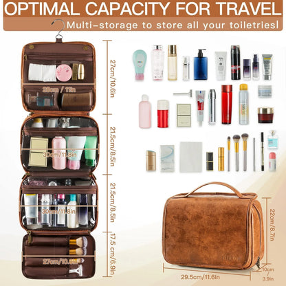 Brown Large Hanging Toiletry Bag Waterproof Leather Travel Organiser 4 Compartment Cosmetic Case with Swivel Hook Ideal for Holidays - Mekamart Australia