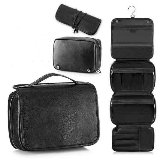 Black Large Hanging Toiletry Bag Waterproof Leather Travel Organiser 4 Compartment Cosmetic Case with Swivel Hook Ideal for Holidays - Mekamart Australia