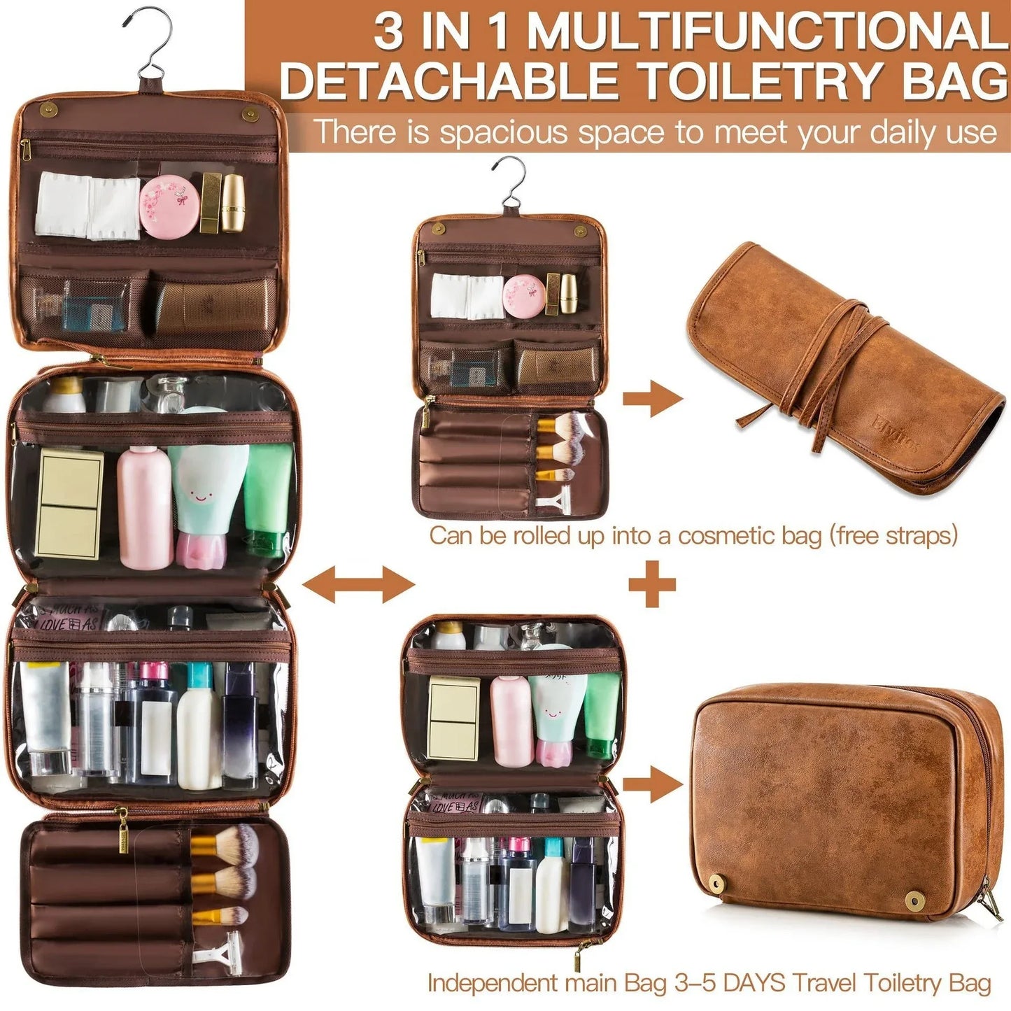 Black Large Hanging Toiletry Bag Waterproof Leather Travel Organiser 4 Compartment Cosmetic Case with Swivel Hook Ideal for Holidays - Mekamart Australia