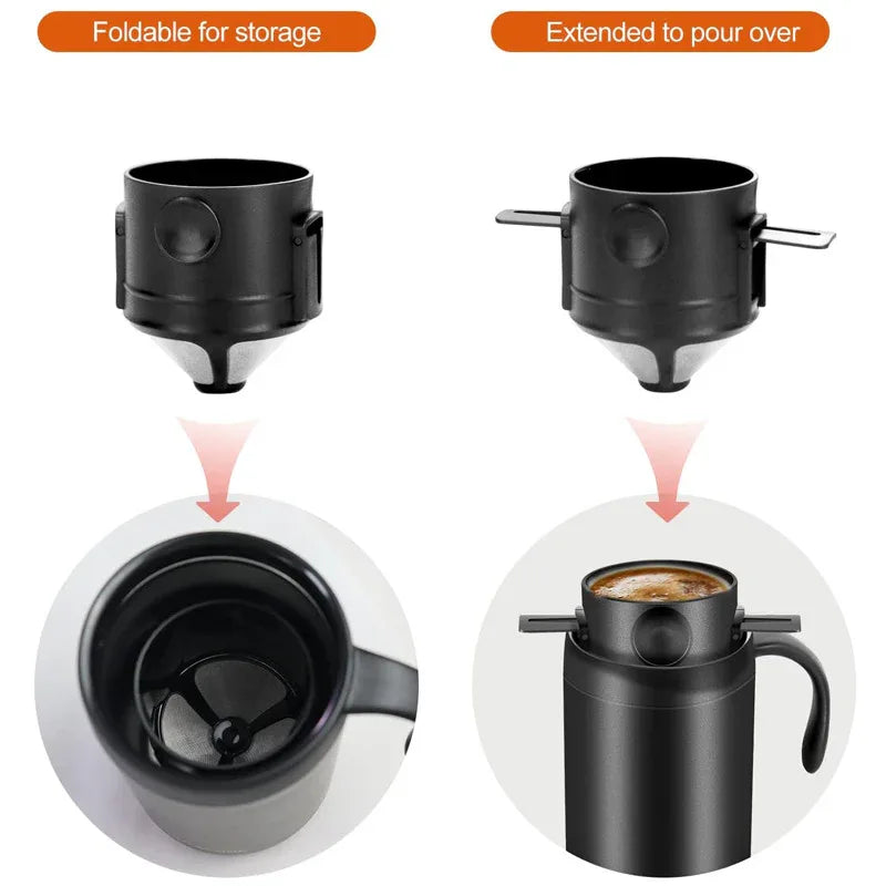 Black Portable Pour Over Coffee Maker Set Stainless Steel Insulated Travel Mug with Collapsible Reusable Dripper Filter for Camping Office and Home - Mekamart Australia