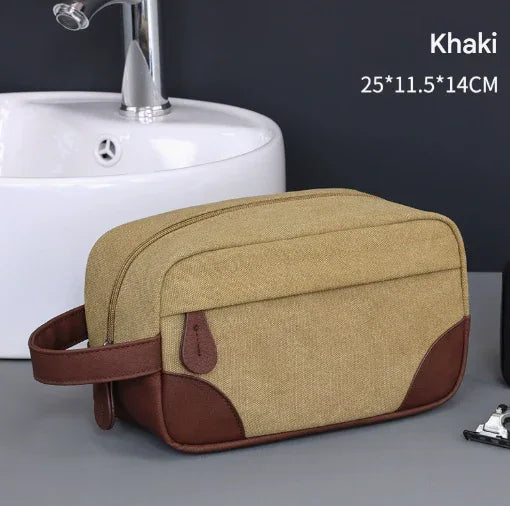 Khaki Men's Vintage Canvas Toiletry Bag PU Leather Accent Travel Wash Pouch Large Capacity Shaving Kit Organiser - Mekamart Australia