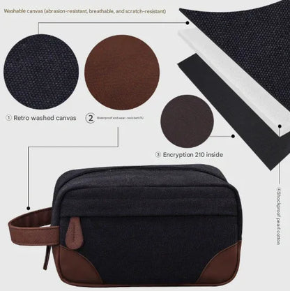 Khaki Men's Vintage Canvas Toiletry Bag PU Leather Accent Travel Wash Pouch Large Capacity Shaving Kit Organiser - Mekamart Australia