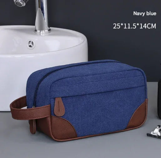 Navy Blue Men's Vintage Canvas Toiletry Bag PU Leather Accent Travel Wash Pouch Large Capacity Shaving Kit Organiser - Mekamart Australia