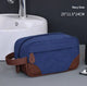 Navy Blue Men's Vintage Canvas Toiletry Bag PU Leather Accent Travel Wash Pouch Large Capacity Shaving Kit Organiser - Mekamart Australia