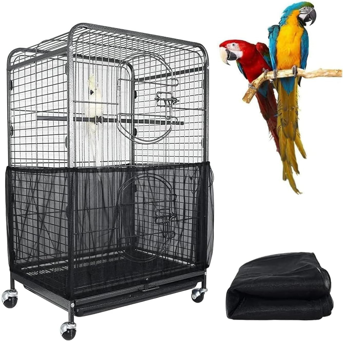 L Black【Height 30, Circumference 220】 Large Bird Cage Seed Catcher Net Cover - Adjustable Mesh Guard Splash-Proof Dust Cover for Indoor Outdoor Cages