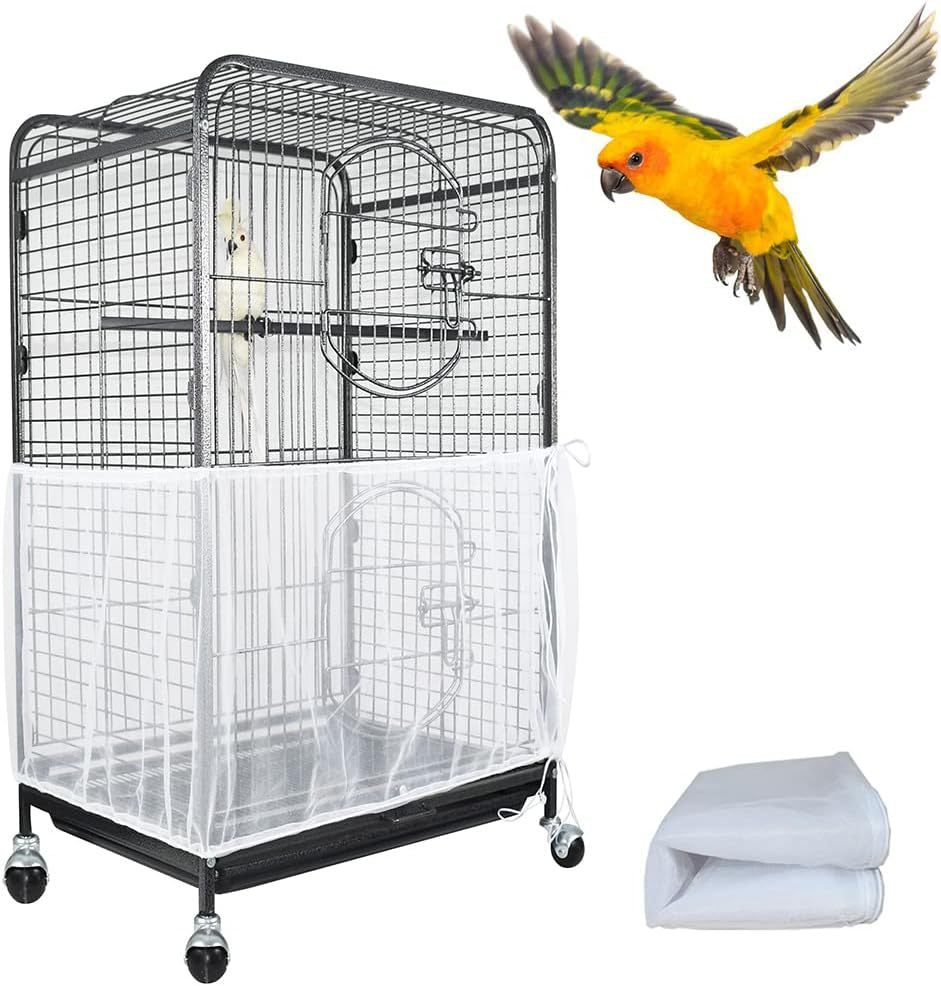 XL White【Height 37, Circumference 220】 Large Bird Cage Seed Catcher Net Cover - Adjustable Mesh Guard Splash-Proof Dust Cover for Indoor Outdoor Cages