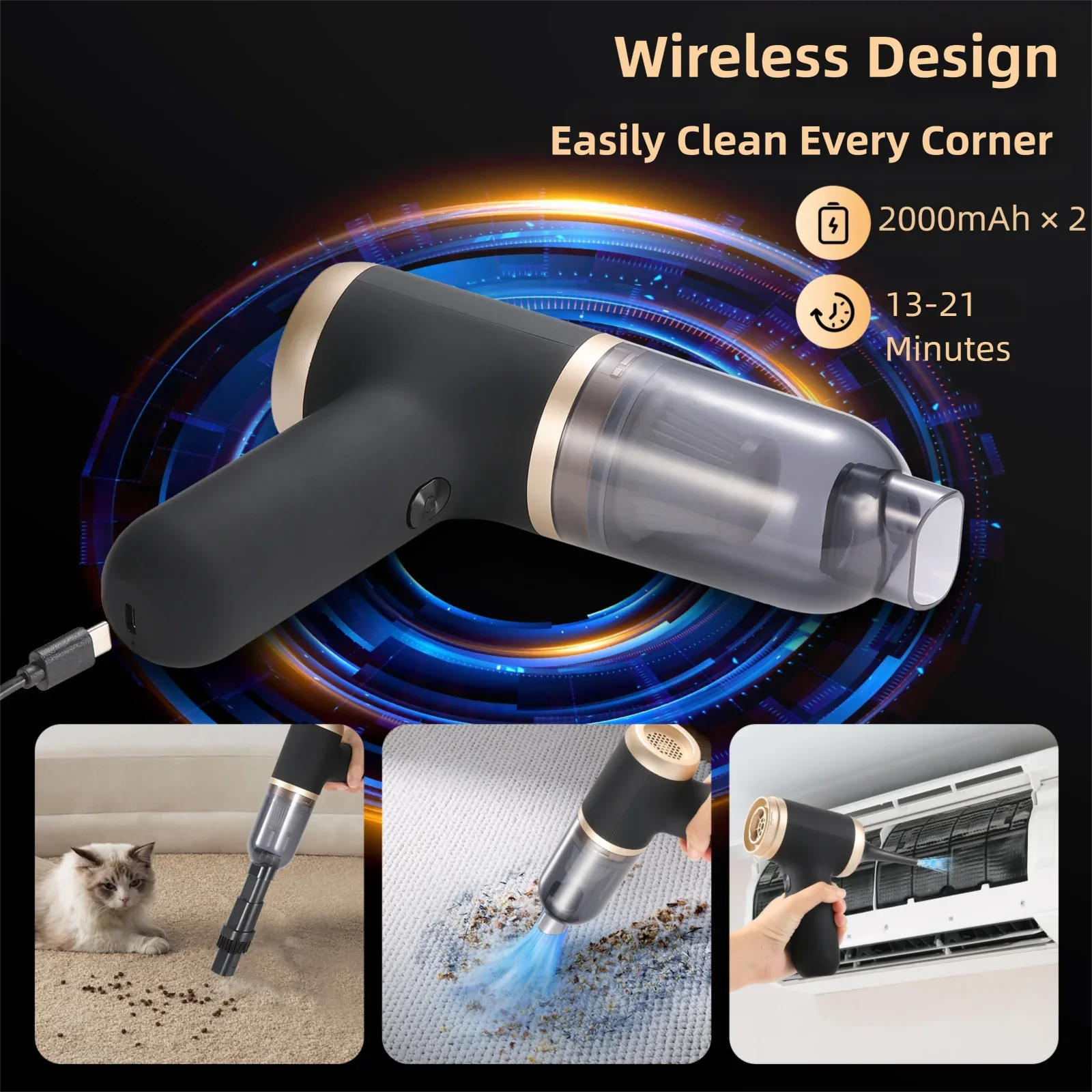 Black Portable 2-in-1 Cordless Vacuum Duster Kit with 2 Attachments - Mekamart Australia