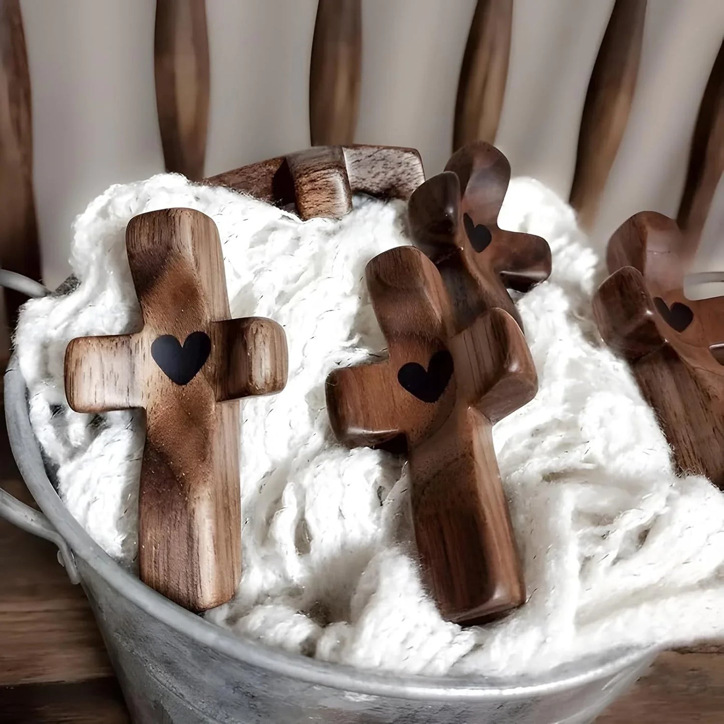 Set of 5 Black Peachwood Heart Cross – Multi-functional Spiritual Symbols for Home and Office, Religious, Ornaments Mini - Mekamart Australia