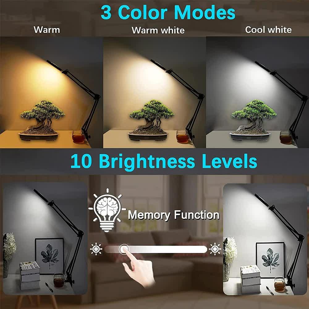 2-in-1 Black LED Magnifier Desk Lamp With Base and Clip - Hands-Free, Dimmable 3-Color Light for Crafts & Workbench - Mekamart Australia